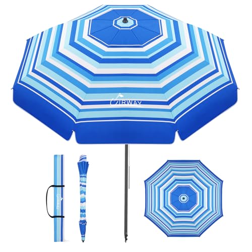 UIRWAY Beach Umbrella, Heavy Duty Windproof Beach Umbrellas with Sand Anchor & Tilt, Sun Protection Portable Beach Umbrella with Carrying Bag for Beach, Patio Garden Pool Outdoor - color: Seaside Blue, size: 7.5FT
