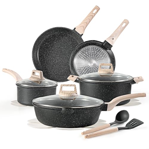 CAROTE 14Pcs Pots and Pans Set Non Stick, Cookware Sets Induction Cookware Granite Cooking Set with Frying Pans, Saucepans, Saute Pan, Extra Large Casserole - color: Black