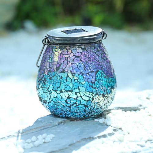 Afirst Mosaic Solar Lanterns Outdoor - Glass Hanging Solar Lights Hollow Out Waterproof Table Lamp Outdoor Decorative for Garden, Patio, Holiday Party Outdoor Decoration - style: ice-purple