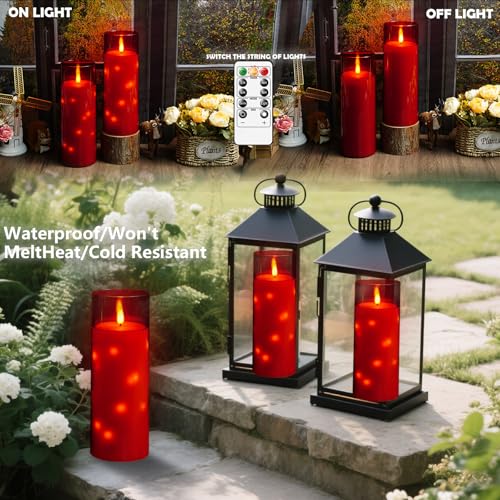 kakoya 11" x 4" Large Outdoor Waterproof Flameless LED Candles with Remote and Timer,Acrylic Pillar Candles Battery Operated with Embedded Star String for Porch,Patio,Outdoor Decor,Set of 2(Red) - color: Red, size: 2PCS-D4"xH11"