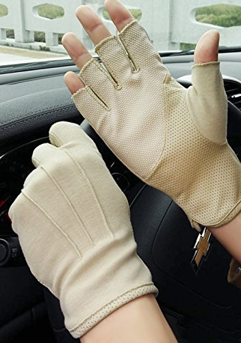 Lightweight Summer Fingerless Gloves Men Women UV Sun Protection Driving Cotton Gloves Nonslip Touchscreen Mittens - color: Beige
