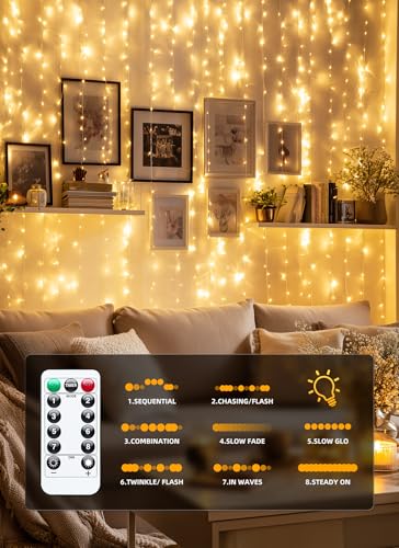 Brightown 300 LED Fairy Curtain Lights, 9.8ft x 9.8ft Warm White Curtain String Lights, USB Plug in 8 Lighting Modes Christmas Decoration, Hanging Lights with Remote for Bedroom Indoor Weddings Dorm - color: Warm White, size: 1 Pack-300 LED