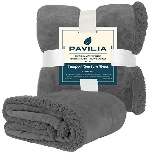 Pavilia Waterproof Couch Blanket | Dog & Cat Blanket Protector | Plush Soft Warm Fuzzy Sherpa Throw, Dark Grey, 60x80 - color: Charcoal, size: 60x80 Inches