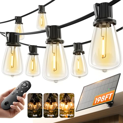 KYY 198FT(192+6) Solar String Lights Outdoor Waterproof with USB Charging & Remote, Dimmable & Timable, Solar Powered Patio Lights with LED Shatterproof Bulbs for Deck Backyard Porch Garden Camping - size: 192+6FT(60 Sockets)