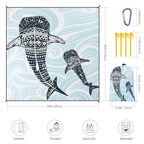 HIHOHO Beach Blanket Waterproof Sandproof Beach Mat 79”x 83” for 1-8 Adults Quick Drying Durable Outdoor Picnic Mat for Beach Festival Travel Camping Hiking (Whale, 79"×83"(4 Person)) - color: Bl-whale, size: 6'11" x 6'7"