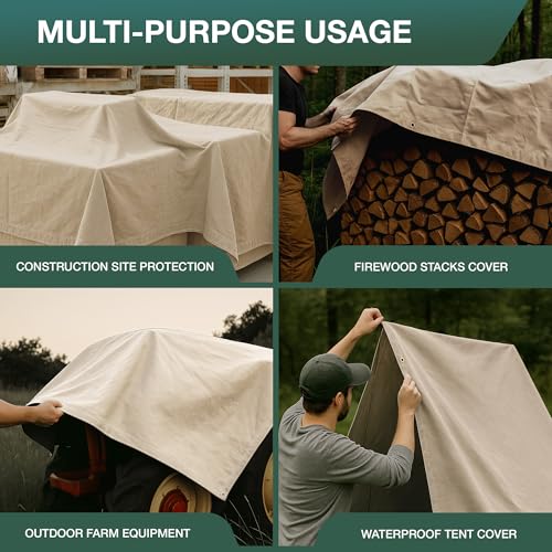 CCS Waterproof Canvas Tarp Cover – Heavy Duty Duck Cloth, Waxed Canvas Tarpaulin with Rustproof Brass Grommets for Camping, Construction, Equipment & Outdoor Use (White, 7x9 Ft) - color: White, size: 7 by 9 Feet