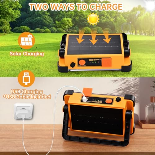 Rechargeable Flood Light - 10000LM LED Portable Work Light with Stand, 6600MAh Job Site Flashlight Spotlight for Car Repair,Camping, Emergency - Solar Hand Held Lamp IP66 Waterproof 4 Modes - Yellow