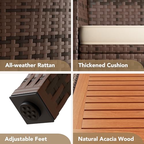 Devoko Outdoor Patio Dining Sets 9 Pieces Wicker Outdoor Dining Table and Chairs Set with Acacia Wood Table Top and Widened Armrests for Backyard, Garden, Deck (Brown) - color: Brown, style: 9 Piece Dining Set