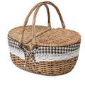 Wicker Picnic Basket with Lid and Handle Sturdy Woven Body with Washable Lining,Coffee Grids - color: Coffee Grids