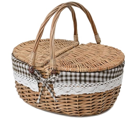 Wicker Picnic Basket with Lid and Handle Sturdy Woven Body with Washable Lining,Coffee Grids - color: Coffee Grids