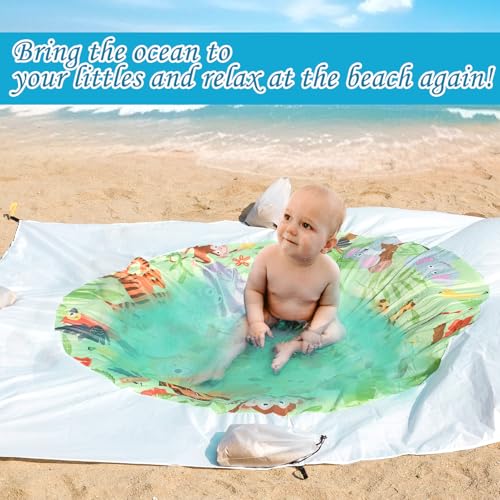 6.5 X 6.5 Ft Baby Beach Pool, 2 in 1 Portable Kids Beach Play Pool Puddle Toddler Beach Blanket and Kiddie Pools Green Cartoon Childs Sand Pit Paddling Pools with Water Bag for Boys Girls Outdoors - size: Forest Theme 2m x 2m/6.5ft x 6.5ft