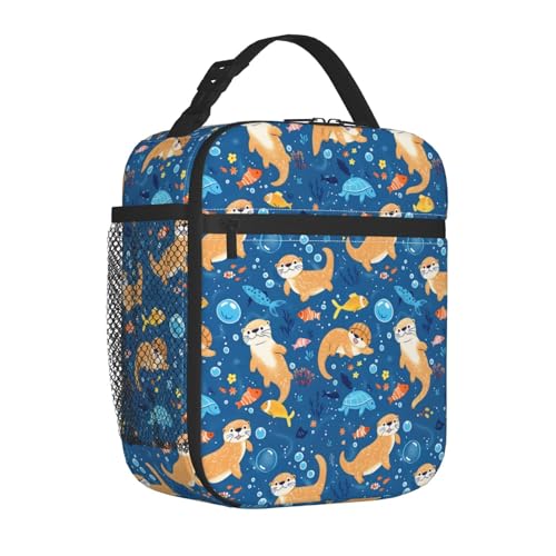Reusable Otter Lunch Box for Kids Girls Boys Women Adult, Insulated Cute Marine Life Print Lunch Bag,Polyester Cooler Handbags Case for School Picnic Work Travel Outdoor Beach or Hiking (Blue) - color: Otter 01