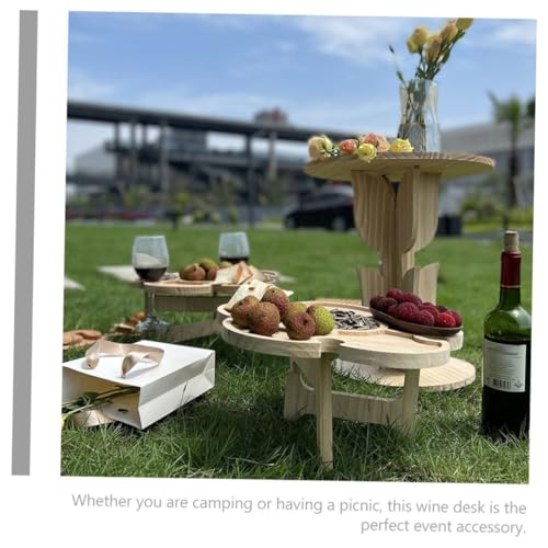 Portable Folding Beach Table for Outdoor Picnic and Camping, Wood Wine Desk with Wine Holder Tray, 35cm Diameter Portable Beverage Table for Patio and Lawn Use