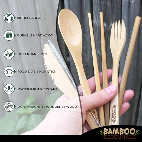 Travel Utensils with Case Set Fork, Knife, Spoon, Chopsticks, Straw, Straw-cleaning brush, Travel Pouch and Carabiner, Excellent For Everyday Use! ((1Set) Midnight Black) - color: Midnight Black, size: 1 Set