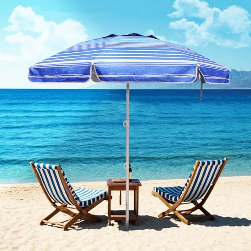 LOTTAFUN 6.5ft Beach Umbrella - Heavy Duty Wind Resistant UV 50+ Portable Sun Shade with Sand Anchor & Carry Bag, Outdoor Folding Umbrella for Beach, Pool, Patio, Garden (Blue Stripe) No Tilt - color: Blue Wave Stripe