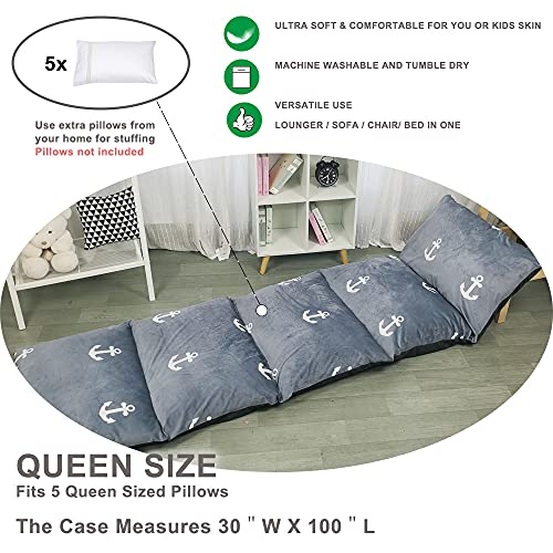 ICOPUCA Floor Lounger Pillow casing for boy Girl, Soft Minky Plush, Anchor Print, Cover/Sleeve Only! Perfect Reading and Watching TV Cushion - Excellent for Sleepovers, Queen Size; - color: Grey Anchor, size: Queen (Pack of 1)
