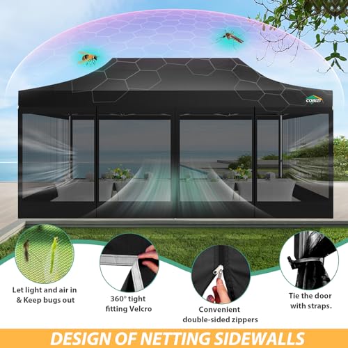 COBIZI 10x20 Heavy Duty Pop up Canopy with 6 Sidewalls, Canopy Tent with Mosquito Netting, Easy up Screen Party Tent for Parties Wedding Outdoor Patio Commercial Gazebo with Roller Bag, Black - color: Black, size: 10x20ft(standard)