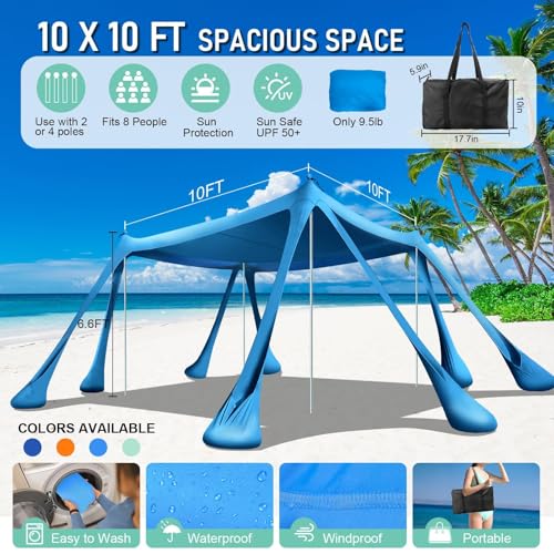 Beach Tent Sun Shelter Beach Canopy Tent Sun Shade Pop Up 10x10 UPF50+ with 8 Sandbags-2 Sand Shovel-Portable 4 Aluminum Poles-Ground Pegs-Easy Setup for Outdoor Family Camping Fishing Picnic - color: Royal Blue