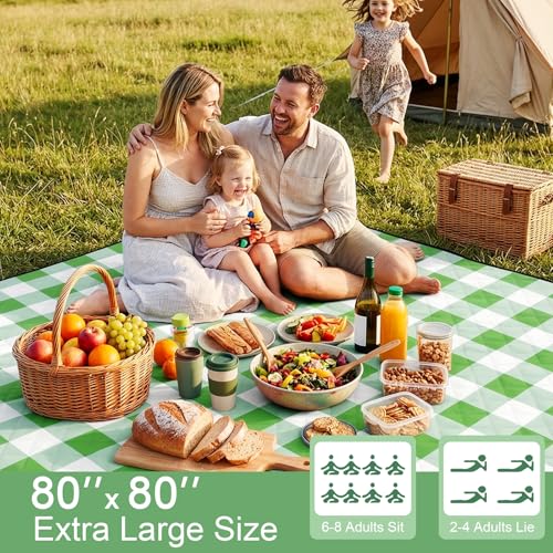 2 in 1 Tote Picnic Blanket Waterproof Outdoor Camping Mat,Large Capacity Beach Blanket 80''x80'' 7 Layers Easy to Foldable and Carry. - color: Greencheck