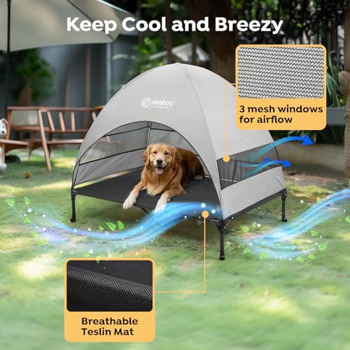 Veehoo Outdoor Dog Bed with Canopy, Cooling Elevated Pet Cot with Removable Shade, Non-Slip Feet, Raised Dog Cot for Large Dogs, Pet Tent Bed for Camping, Beach, XLarge, Black + Grey, CWC2411 - color: Black, size: 49.0"L x 33.0"W x 42.5"Th