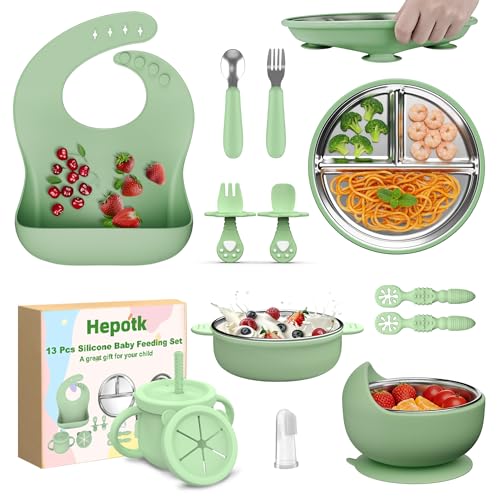 13 Pack Silicone Baby Feeding Set, BPA-Free Stainless Steel Toddler Feeding Supplies, Include Suction Plates, Baby Bowls, Silicone Fork & Spoon, and More, First Stage Baby Dish Set - 6+ Months - color: Green