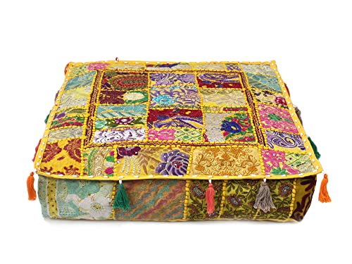 Mam Treasures Indian Bohemian Decorative Pillow Vintage Cushion Cover Patchwork Square Floor Pillow Cover Meditation Cushion Large Floor Pillow Indian Cushion (Yellow, 16 X 16 X 5 Inch) - color: Yellow, size: 16" x 16" (Pack of 1)