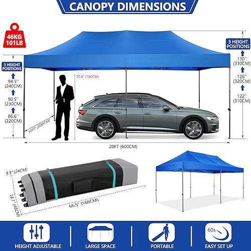 COBIZI 10x20 Heavy Duty Pop Up Canopy Tent with 6 Sidewalls Thicken Frame, Commercial Easy Up Outdoor Wedding Party Tents, All Season Waterproof Windproof with Stakes Sandbags Ropes Roller Bag, Uranus - color: Uranus, size: 10x20