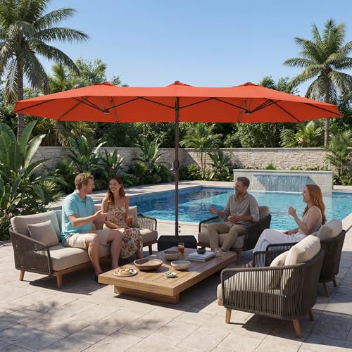 JEAREY 15ft Large Patio Umbrella with Base, Outdoor Rectangle Umbrella Double-Sided Market Umbrella with Stand for Pool, Deck, Backyard and Garden, Orange - color: Orange