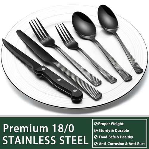 EWFEN 24-Piece Black Silverware Set with Steak Knives, Black Flatware Set for 4, Food-Grade Stainless Steel Tableware Cutlery Set, Mirror Finished Utensil Sets for Home Restaurant, Roman Column - style: Roman Column