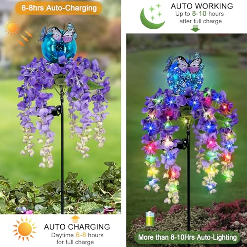 Solar Lights Outdoor Pathway,Wisteria Flower Garden Stakes,Colorful LED Lights for Yard,Patio,Lawn,Solar Powered Garden Decortions,Spring Gifts for Women - color: Wisteria