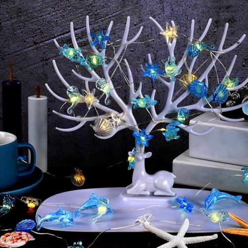 Zhanmai 2 Pcs Ocean Decor String Lights for Bedroom Nautical Theme Seashell Seahorse Conch 10ft 30 LED Battery Operated String Lights for Xmas Tree Ornaments Birthday Holiday Party Decor - style: Ocean Style