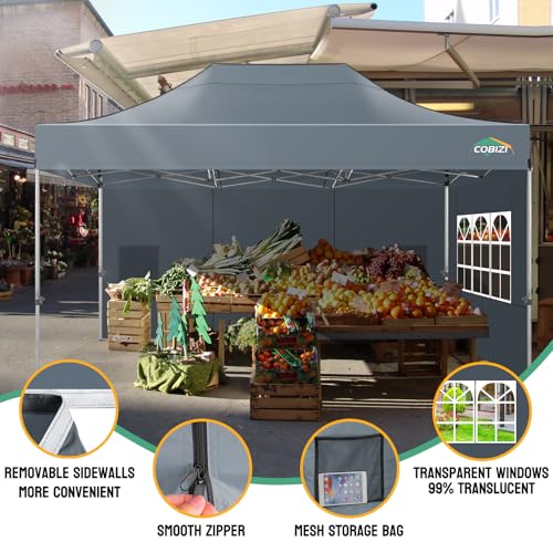 COBIZI 10x15 Heavy Duty Pop Up Canopy Tent with 4 Sidewalls Thicken Frame, Commercial Easy Up Outdoor Wedding Party Tents, All Season Waterproof Windproof with Stakes Sandbags Ropes Bag, Gray - color: Gray, size: 10x15