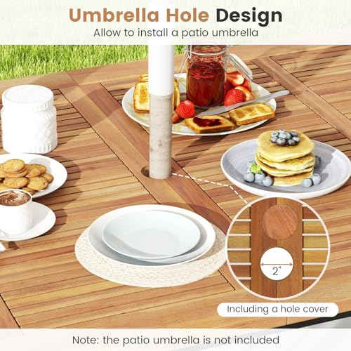 Tangkula 63" Large Patio Dining Table for 6, Acacia Wood 6-Person Dining Table with 2" Umbrella Hole & Metal Legs & Adjustable Foot Pads, Rectangular Outside Table for Garden, Poolside & Backyard - size: 63"