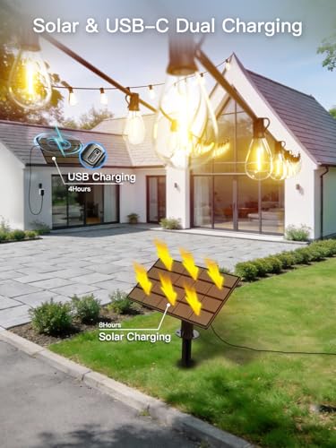 30FT Solar String Lights Outdoor Waterproof, 10+1 LED Solar Powered Lights with Remote Control, 3 Light Modes & Dimmable, USB-C Charging for Patio, Backyard, Garden, Camping - size: 30FT