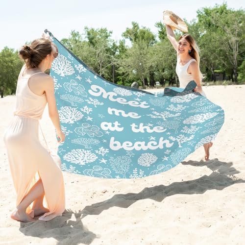 Meet Me at The Beach Pocket Picnic Blankets, Blue Ocean Coastal Outdoor Beach Camping Blanket Waterproof Sandproof, Sea Coral Grass Mini RV Picnic Mat for Camper Campsite Travel 55x60in - color: Coral