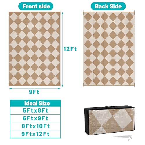 HEBE Checkered Outdoor Rug Waterproof 9x12, Reversible Plastic Straw Rug RV Camping Rug, Indoor Outdoor Patio Mat Clearance, Outside Carpet for Porch,Deck,Camper,Balcony,Backyard,Picnic - color: Beige/Brown, size: 9' x 12' (Rectangular)