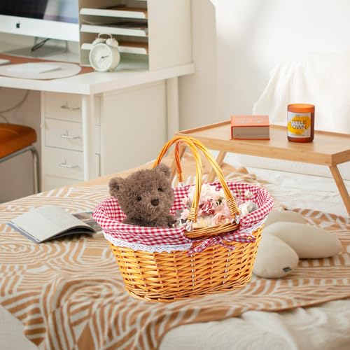 1 Pack 14.2 Inch Natural Wicker Basket with Checkered Lining, Oval Wicker Woven Basket with Handle, Willow Woven Picnic Baskets for Picnic, Camping, Party(Large) - size: 1 Pack 14.2in Natural
