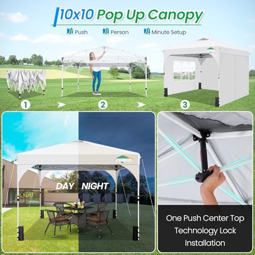 COBIZI 10x10 Pop Up Canopy with 3 Removable Sidewalls, Easy Pop Up Comercial Instant Canopy with One Push Center Lock, Waterproof Canopy with Sidewalls for Event, Rope & Stakes & Sandbags, White - color: White, size: 10x10ft (old model)