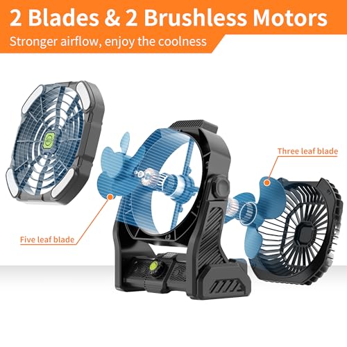 Battery Powered Fan, 20000mAh Coldless Fan Rechargeable Fan Portable,270°Head Rotation Camping Fan with LED Light & Hook,Quiet USB Table Fan Battery Operated Fan Camping Fan for Tents Black X26 - color: X26 Black
