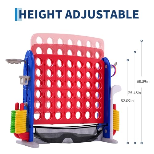 4-in-1 Giant 4-in-a-Row Connect Game Set with Basketball Hoop & Ring Toss – Height Adjustable Jumbo Outdoor Yard Game, Quick Release, for Kids & Adults – Red Mainboard with Blue Side Panels