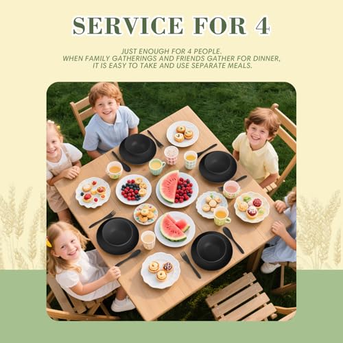 Wrova Wheat Straw Dinnerware Sets of 20,Alternative to Melamine dinnerware sets with Flatwares Dishwasher Safe,Lightweight and Unbreakable Camping Dishes for R.V.(Black) - color: Black, size: 20 Pack