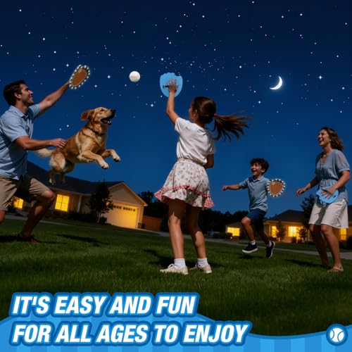 HYES Toss and Catch Ball Game Set, Light Up Baseball Toys Outdoor Pool Beach Yard Camping Games for Family, Toddler Glow in the Dark Baseball Gifts for Boys Girls Ages 3-12 (4 Paddles & 6 Balls) - style: 4 pack with light
