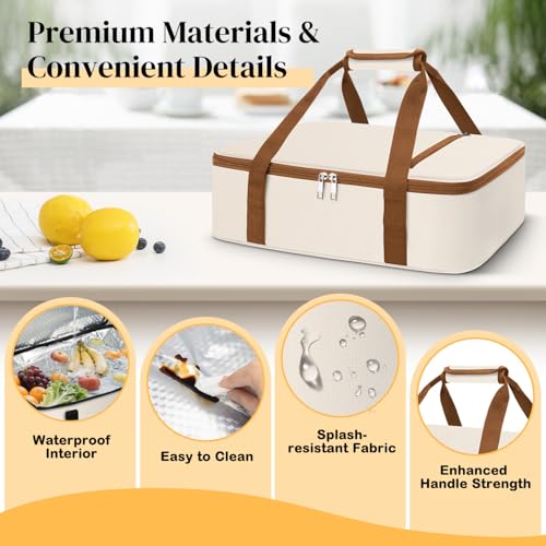 Coobiiya Insulated Casserole Carrier,Lasagna Lugger Tote Keeps Food Hot or Cold,Thermal Lunch Bag Warmer & Cooler Carrier Bag,Portable Tote Bag Fits 9" x 13" Baking Dish for Picnic and Cookout - color: Beige, size: Single Layer: 15.75 × 11.8 × 4.7 in