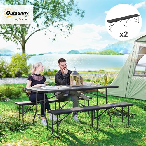 Outsunny 2-Pack 6 Ft. Plastic Folding Benches, Portable Foldable Bench Seats with Carrying Handle, Non-Slip Mat, HDPE Tabletop, Picnic Benches for Camping Dining Picnic BBQ Sports, Black - color: Black