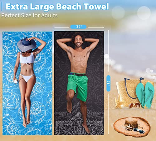 2 Pack Lightweight Thin Beach Towel Oversized 71"x32" Big Extra Large Microfiber Sand Free Towels for Adult Quick Dry Travel Camping Beach Accessories Vacation Essential Gift Black Mandala Blue Shell - color: 2 Pack Black Mandala Blue Shell