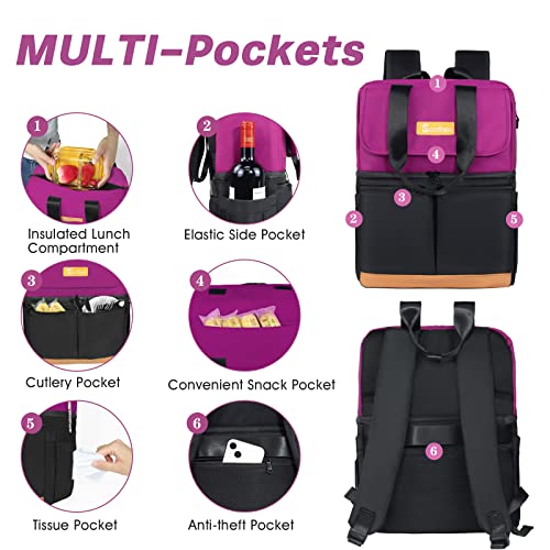 Scothen Backpack Cooler with Double Decker & 12 Ice Packs- Keeps 36 Cans Cold for Up to 24 Hours- Waterproof & Leak Proof Insulated Cooler Backpack- Stylish Cooler Bookbag for Women Travel Work Beach - color: Black Purple