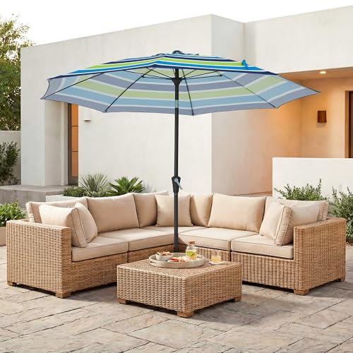 JEAREY 9FT Outdoor Patio Umbrella,Market Table Umbrella with 8 Fiberglass Ribs, Pool Umbrella with Tilt and Crank, UV Protection Lightweight & Wind-Resistant for Lawn, Garden, Deck and Backyard, Blue-Green Stripe - color: Blue-Green Stripe