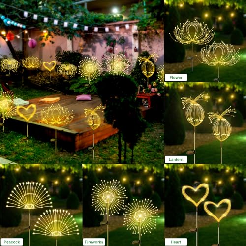 Slyuexu Solar Garden Lights Outdoor Waterproof, 2 Pack 120 LED Solar Firework Lights Decorative Garden Décor Outside for Flowerbed Pathway Party Christmas Decoration, Warm White - color: Warm White, size: 2 Pack