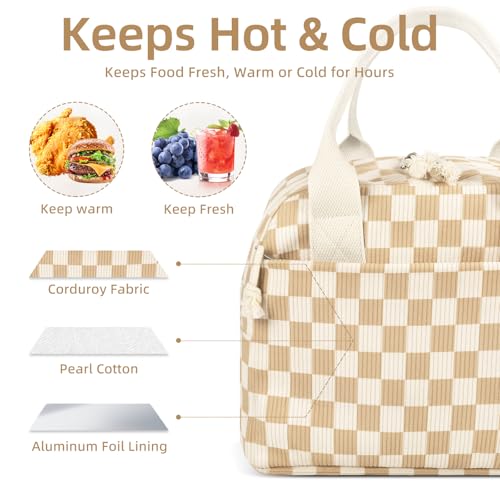 Reusable Insulated Lunch Bag for Women Men, Corduroy Lunch Tote Leakproof Cooler Bag with Reinforced Stitching, Cute Lightweight Thermal Lunch Box for Work Study Picnic Travel, Checkered Beige Brown - color: Checkered Beige Brown