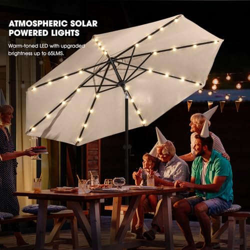 wikiwiki 10FT Solar Led Patio Umbrella with Base Included, 32 LED Lights, 8 Sturdy Ribs, Fade Resistant Waterproof POLYESTER DTY Canopy for Garden, Lawn, Deck, Backyard & Pool, Beige - color: Beige, size: 10FT